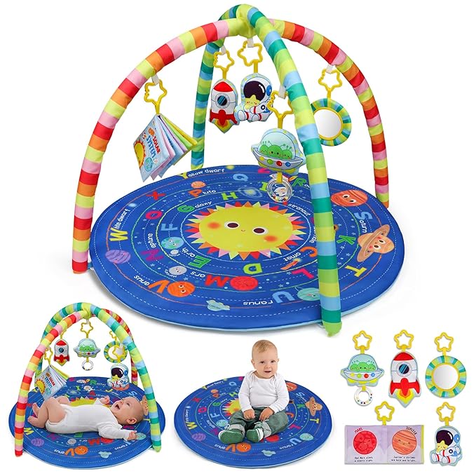 OKOOKO Baby Play Mat, Activity Baby Play Gym with Arch, Solor System Playmats & Floor Gyms, Alphabet Mat, Detachable Mirror, Thick Non Toxic Playmats for 0+