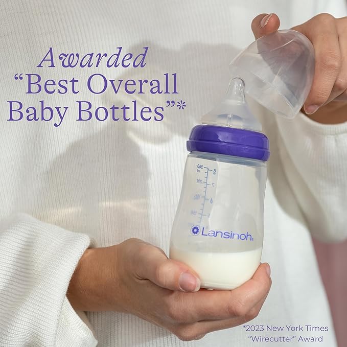 Lansinoh NaturalWave Fast Flow Nipples (2 ct) + 8 oz Anti-Colic Baby Bottles (3 ct) With Medium Flow Nipples, BPA/BPS-Free, Soft Silicone for Comfortable Feeding