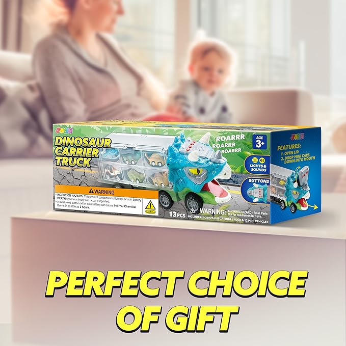 JOYIN 13 in 1 Dinosaur Toys for Kids 3-5, Triceraptor Dinosaur Truck with 12 Pull Back Cars, Birthday Gifts Toys for 3 4 5+ Year Old Boy, Transport Carrier Truck for Toddlers 3-4 Years