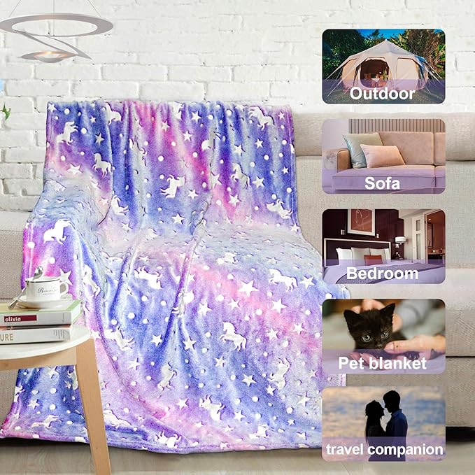Unicorn Glow in The Dark Blankets for Kids, Soft Fleece Blankets for Girls/Toddler, Unicorns Gifts for Girls Age 3-12 50"x 60"