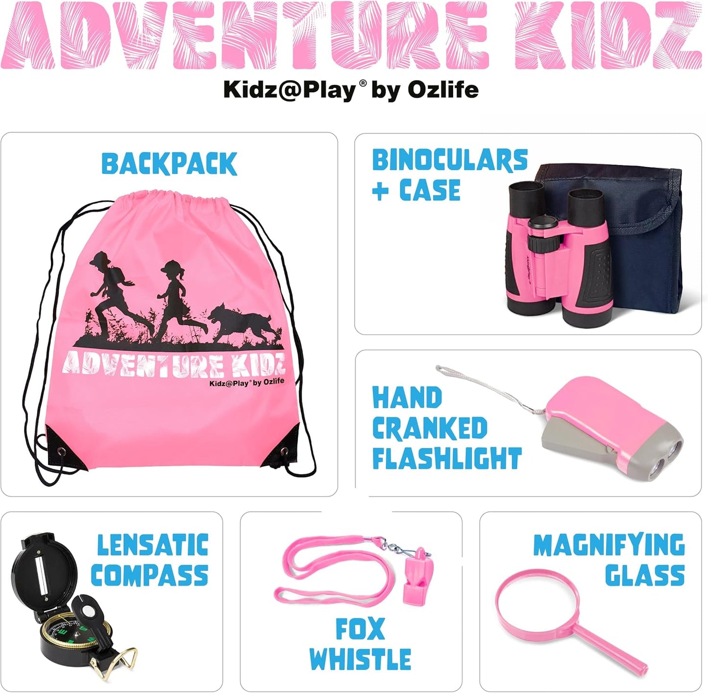 Adventure Kidz - Outdoor Exploration Kit, Children’s Toy Binoculars with Case, Flashlight, Compass, Fox Whistle, Magnifying Glass, Backpack. Great Gift Set for STEM, Pretend Play. Age 3+