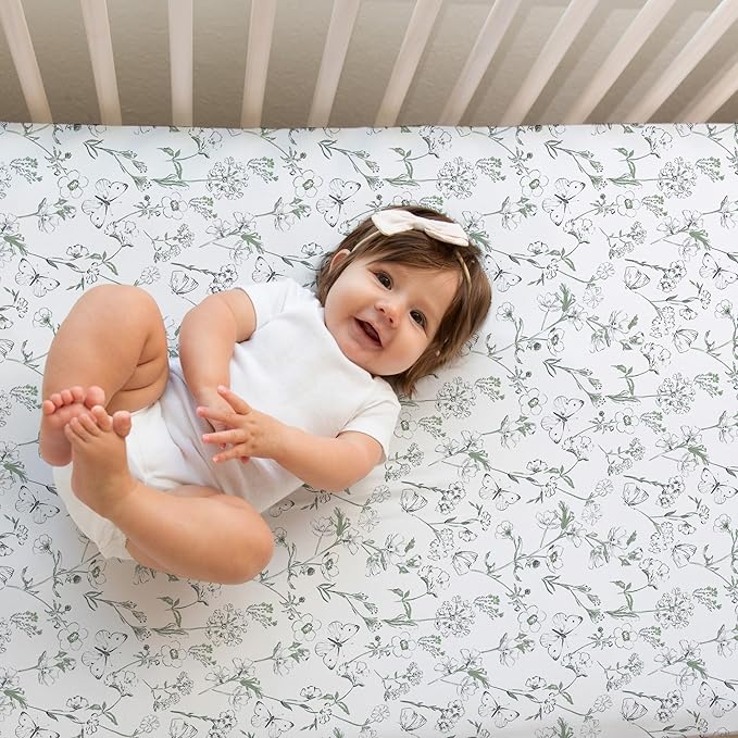 Crib Sheets Neutral - Fitted Baby Crib Sheets Bed for Girl Boy - 2 Pack Standard & Toddler Mattress (Butterfly Garden) - Buttery Soft Organic Cotton Blend