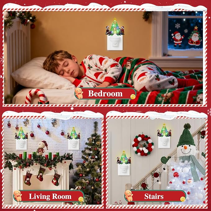 2 Pack Christmas Night Light Plug into Wall Nightlight with USB/Outlet Options, Christmas Tree Decorative Night Light for Bedroom Kitchen Nursery Holiday Decorations Gifts (Seesaw)