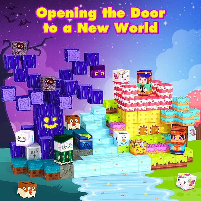Magnetic Blocks Building Cubes, Magnetic Tiles Kids Montessori Sensory Toys & Games for 3 4 5 6 7 8 9 10 11 12 13 Year Old Boys Girls, Kids Toddler Halloween Decorations Party Favors Birthday Gifts