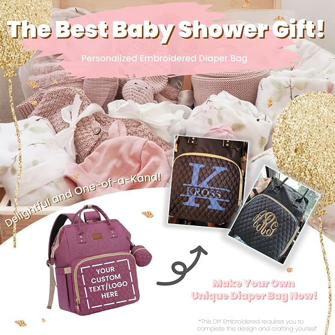 Diaper Bag Backpack with Changing Pad, Pacifier Case, Baby Bag for Boy Girl Toddler - Large, Stylish, Waterproof Travel Quilted Diaper Bag for Mom - Baby Shower - Purple