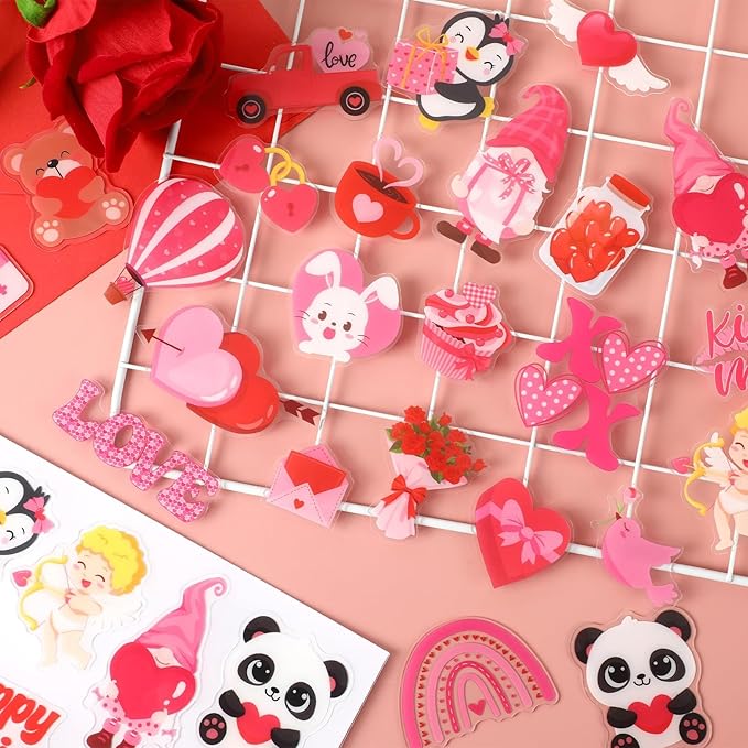 MARFOREVER 50 PCS Valentine's Day Gel Window Clings Stickers Reusable Cartoon Heart Love Rose Thick Gel Clings Decals for Valentine's Day Kids Classroom Party Window Glass Decoration