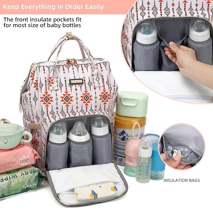 Diaper Bag Backpack, Diaper Bags for Baby Girls Boys, Baby Bags for Moms Dads, Nappy Changing Bag with Insulated Pockets,Multi-functional Waterproof Backpack with Stroller straps-Tribal Orange