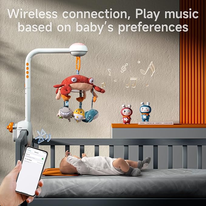 Tumama Baby Crib Mobile with Projection Night Light, Music and White Noise, Soft Plush Mirror Hanging Toys, Mute Spin Motor Nursery Toys for Infant 0-3, 6-9 Month Newborn Xmas Gift (Crab)