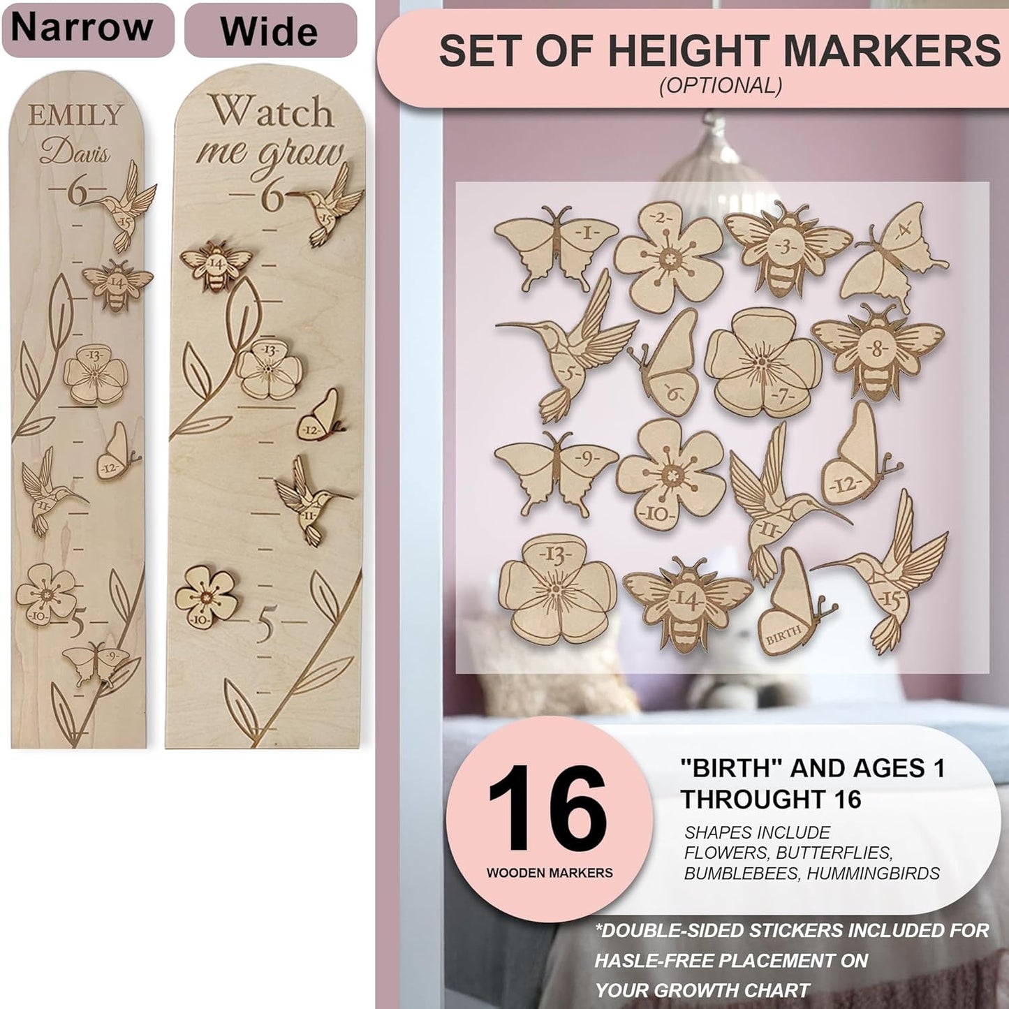 Personalized Wooden Growth Chart for Wall - Custom Name Kids Measurement Growth Chart for Girls, Child Height Measuring Chart Wooden, Baby Height Chart Wall Ruler Wood Wildlife Butterfly, 2 Sizes