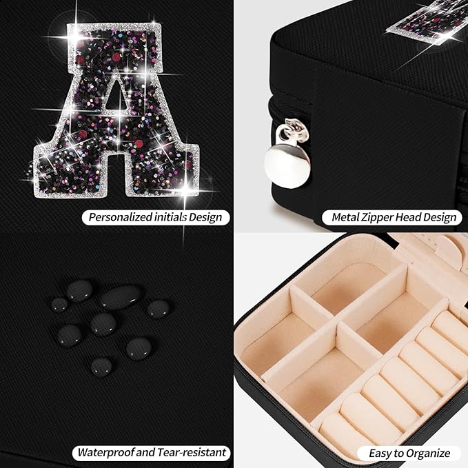 Travel Jewelry Case - Personalized Jewelry Box for Women,Small Cute Jewelry Organizer Storage Aesthetic,Travel Essentials Birthday Gifts | Black,A