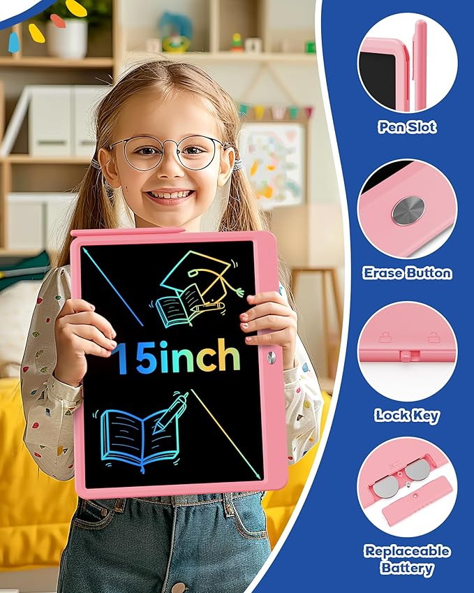 Bravokids 15 Inch LCD Writing Tablet for 3 Year Olds - Electronic Drawing Pad and Doodle Board as Educational Birthday Gifts for Girls and Boys (Pink)