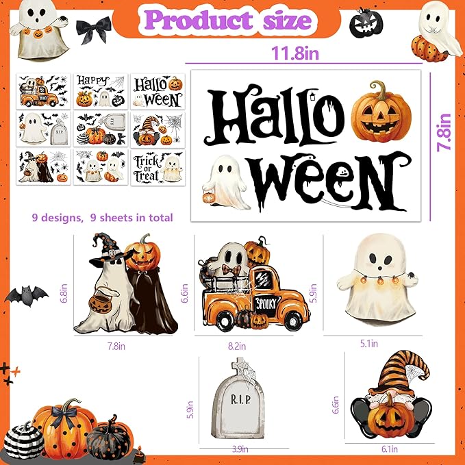 Halloween Window Clings,Double-Sided Reusable Window Decals,Vintage Ghost Pumpkin Bat Stickers for Glass Windows,Home Shop Glass Decorations,9 Sheets