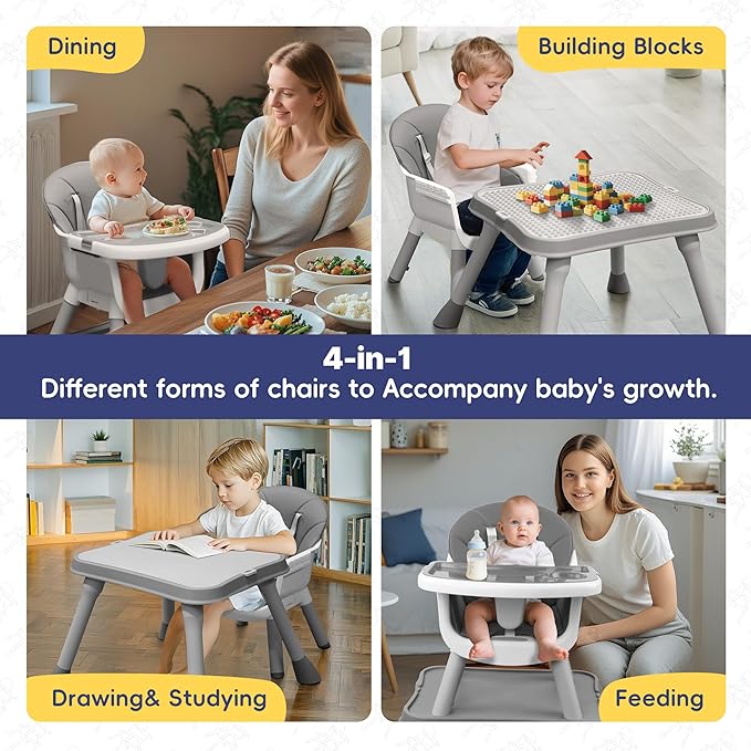 4 in 1 Baby High Chair, Toddler Chair with Removable Tray, Convertible High Chairs for Babies and Toddlers, Kids Learning Table, Building Block Table, Dining Booster Seat with Safety Harness, Gray