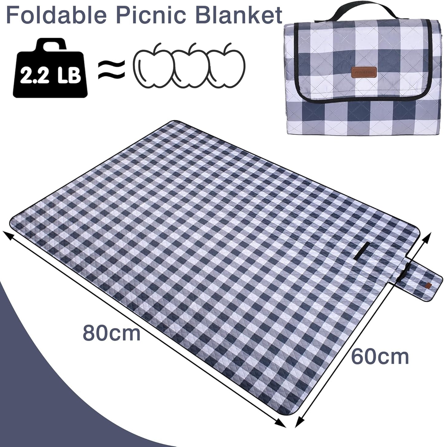 Extra Large Picnic Blanket 80''x 60'' Picnic Mat Waterproof Sand Proof Foldable for Beach, 5-Layer Outdoor Blanket for 6 to 8 Adults,Camping Lawn Hiking Travel Park Music Festival Wedding Mats(Gray)