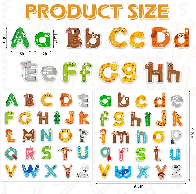 Whaline 2 Sheets Alphabet Letters Thick Gel Clings Cute Animals 26 Uppercase & Lowercase Window Gel Decals for Educational Spelling Learning Home Classroom Nursery Decor
