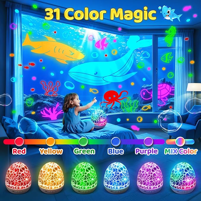 Baby Sound Machine Night Light Projector Kids Christmas Gifts | 15 White Noise Machine & 3D Films | 31Colors & Remote Control | Autism Toys Night Light for Kids, Baby Boy Toys, Egg Light for Nursery