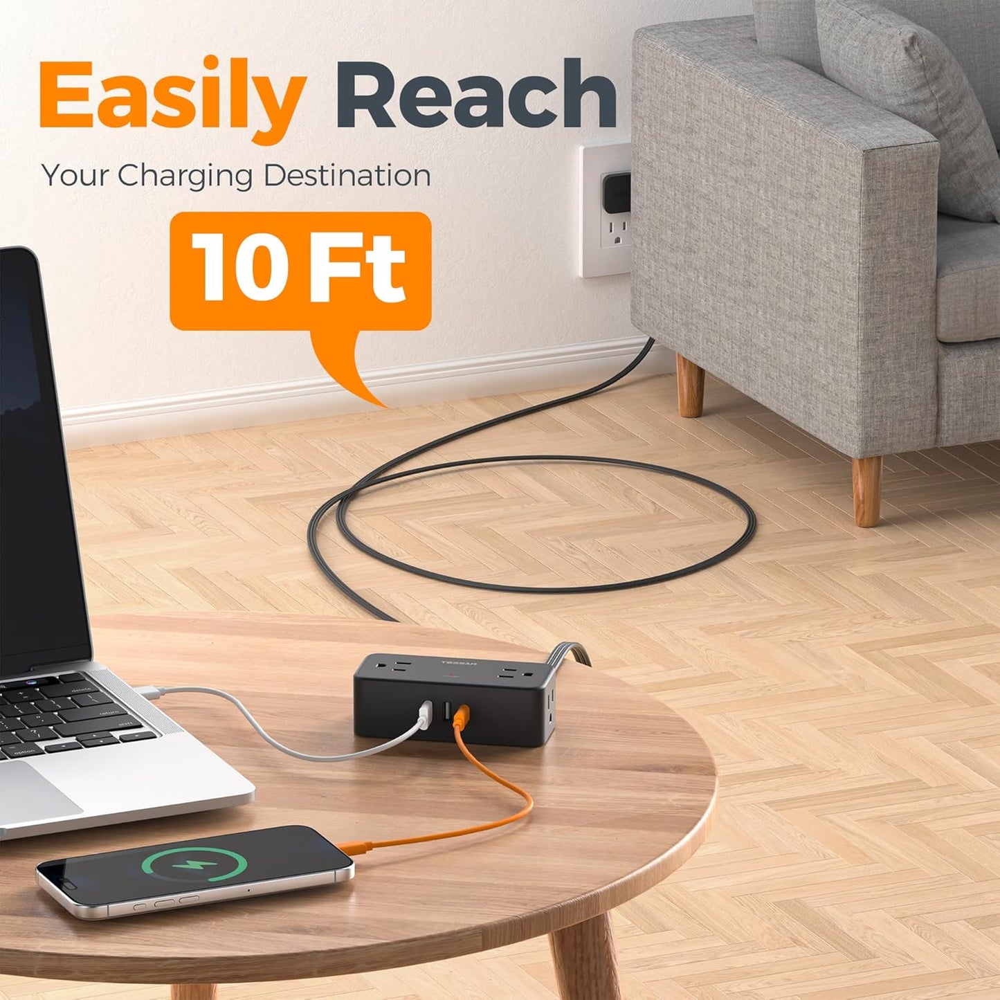 Black Extension Cord 10 Ft, TESSAN Power Strips with Surge Protection 900J with 4 Wide Spaced AC Outlets 3 USB Ports(1 USB C), Extension Cord with Multiple Outlets for Home Office Dorm Room