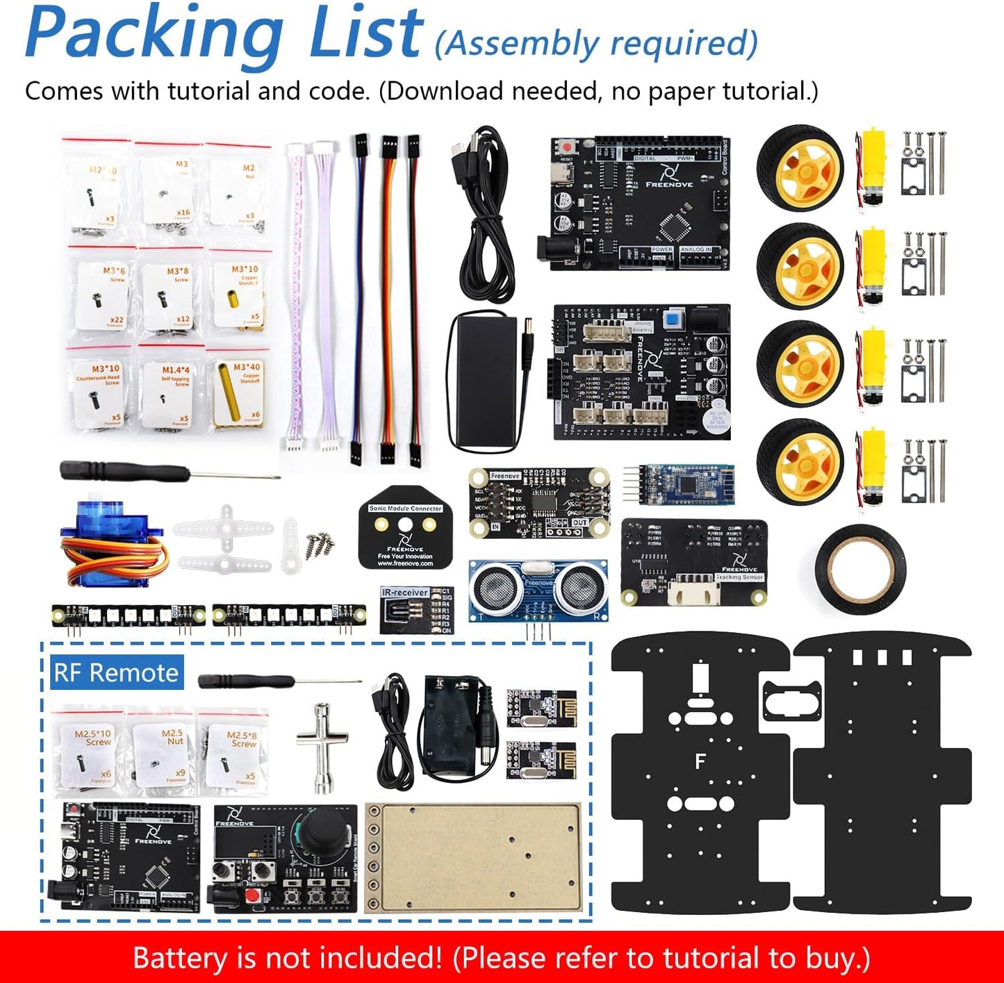 Freenove 4WD Car Kit with Remote (Compatible with Arduino IDE), Line Tracking, Obstacle Avoidance, Wireless Control App, Ultrasonic Sensor Motor Servo