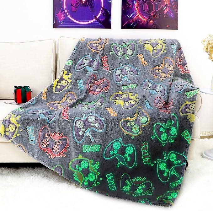 Glow in The Dark Game Controller Blanket Gamer Gifts Toys for Kids Boys Boyfriend Gaming Gamepad Presents Birthday Christmas Easter