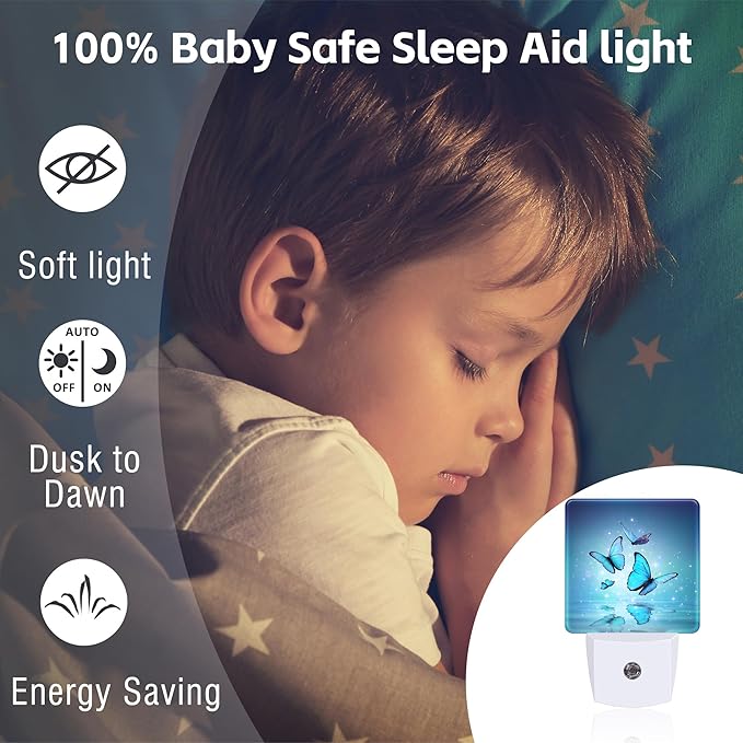 Magic Butterflies on Water Night Light for Kids, Blue Glowing Butterfly Night Light Plug in with Dusk to Dawn Sensor, 0.5w Energy Saving Sleep Friendly Nightlight for Hallway Stairway Kitchen Bedroom