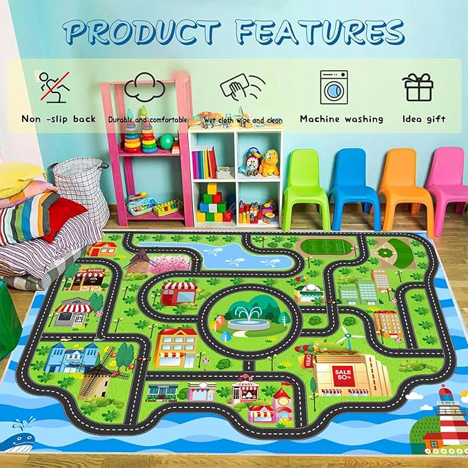 Car Rug,Kids Play Rug with Roads,Playroom Toy Car Rug, Car Track Rug City Map for Bedroom Classroom - (59X39.4 Inches)