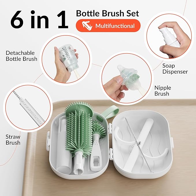 Portable 6 in 1 Travel Kit, Baby Travel Essentials, Bottle Brush Set, Silicone Brushes, Nipple & Straw Cleaner, Soap Dispenser, Storage Box & Drying Rack