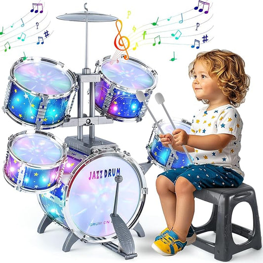 Upgraded Kids Drum Set for Toddlers 1-3, Kids Jazz Drum Ages 3-5, Star Light up Musical Instrument Toys for Boys Girls 2-5 4-6 5-7 ( All Plastic)