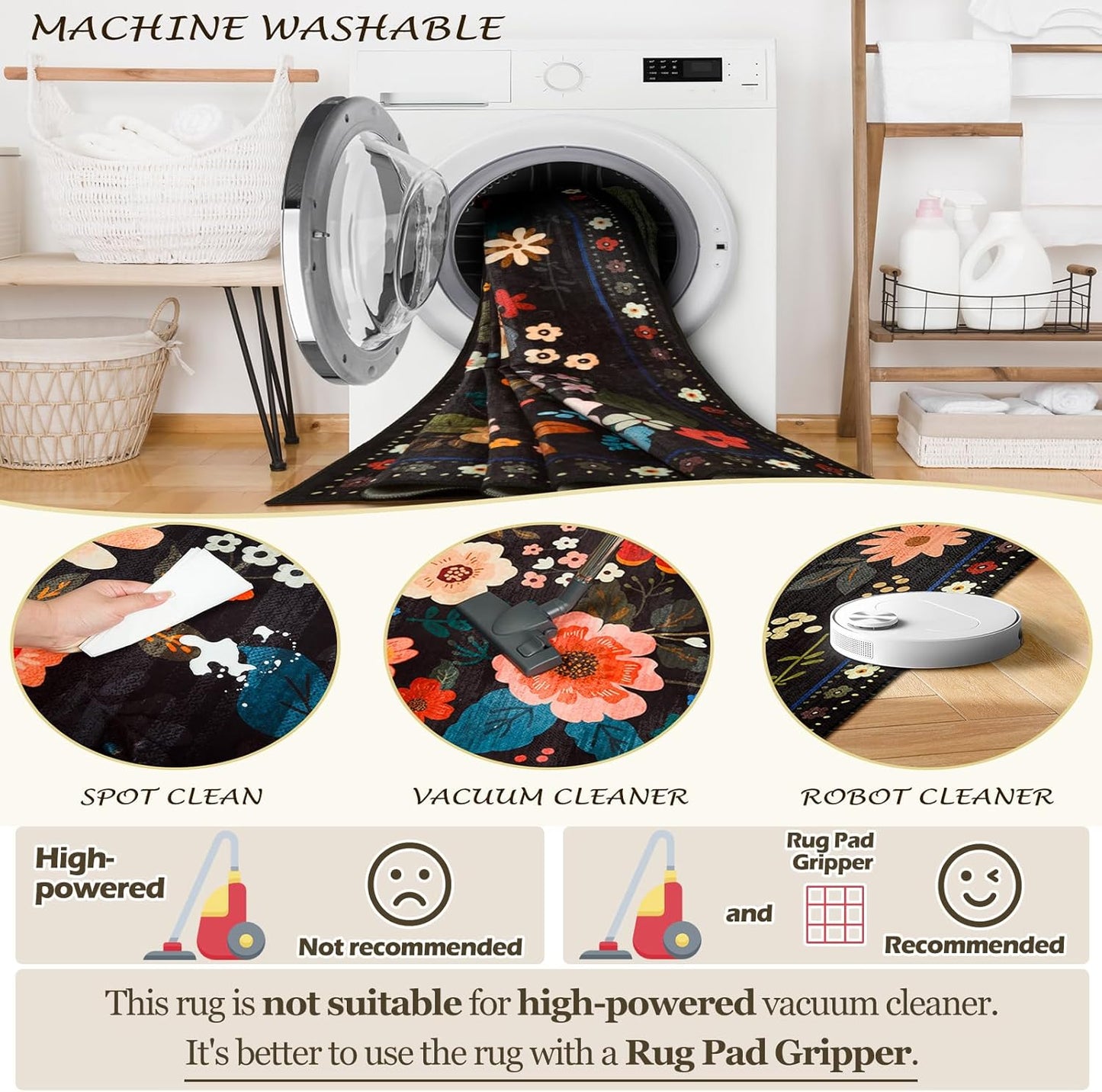 Floral 6x9 Area Rug Machine Washable Soft Print Boho Carpet Non Slip Doormat Low Pile Flower Area Rugs for Living Room Bedroom Nursery Kitchen Dining Room Indoor-Black