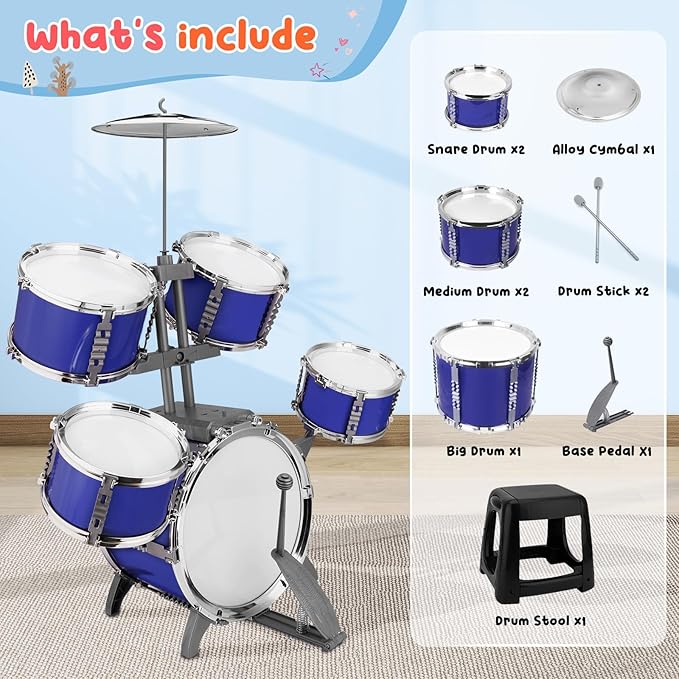 Upgraded Kids Drum Set for Toddlers 1-3 Plastic Musical Jazz Drum Instruments Kit Birthday Musical Learning Toys for 4 5 6 Boys Girls