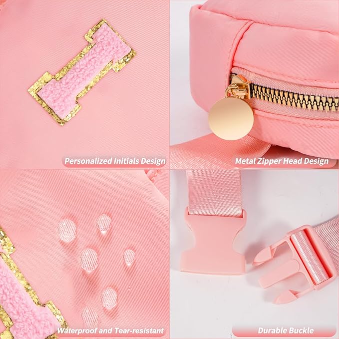 Mini Belt Bag Fanny Pack with Initials Letter Patch Small Crossbody Bags Cute Stuff Birthday Gifts for Teenager Girls Trendy Stuff for Teens - Initial I,Peach