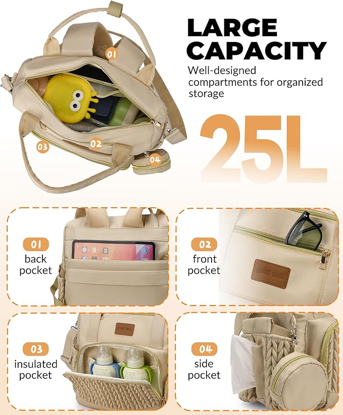 Backpack Diaper Bag,Stylish Waterproof Baby Diaper Bags with Changing Pad,Insulated Pockets,Multi-Function Travel Diaper Backpacks, Baby Registry Search,Khakii