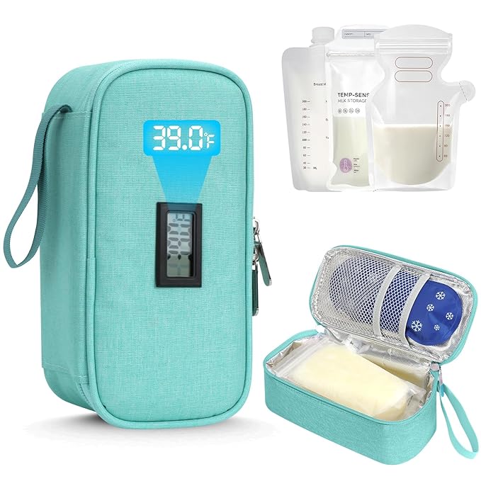YOUSHARES Breastmilk Cooler Travel Bag with Digital Thermometer, Small Insulated Baby Milk Storage with 2 Ice Packs, Daycare and On-The-Go Moms （Light Green）
