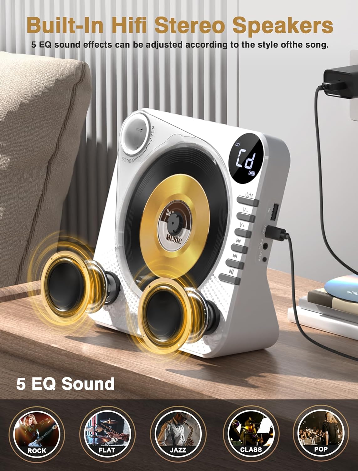 CD Player with HiFi Dual Speaker Portable Bluetooth,Desktop CD Player for Home with Remote Control,Dust Cover,LCD Display,Sleep Timer,EQ Sound,USB/AUX/3.5mm Earphone Jack for Home,Kids,Gift