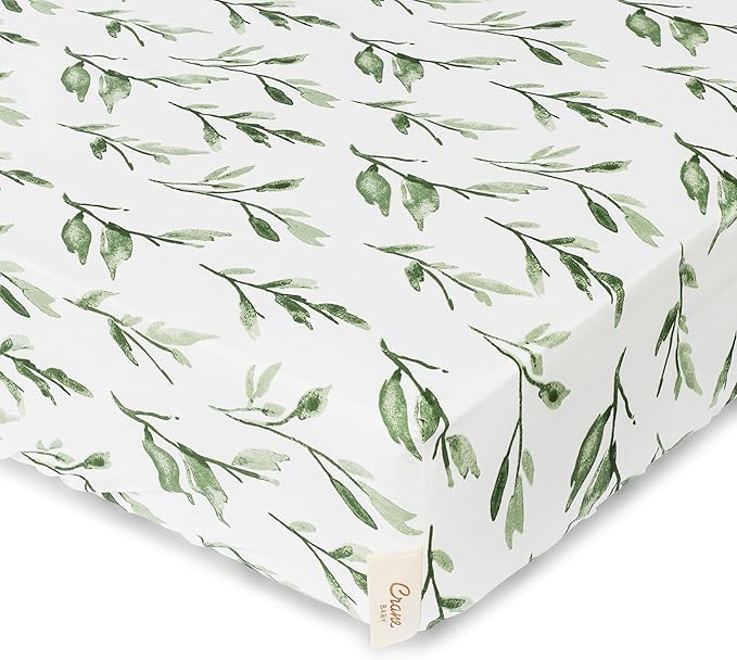 Crane Baby 100% Cotton Sateen Crib Sheet, Fitted for Cribs and Toddler Beds, Baby Crib Sheets, Baby Bedding for Boys and Girls, Green Leaf