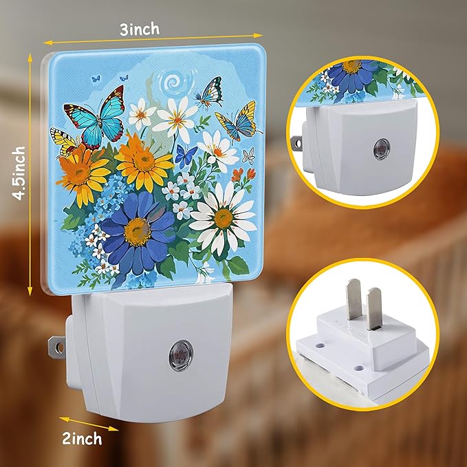 Blue White Yellow Flowers Night Light,Flutter Butterflies Plug-in Night Light Auto Dusk-to-Dawn Sensor Energy Efficient LED Lamp for Room Decor,Hallway,Kitchen,Bathroom,Nursery,Stairs
