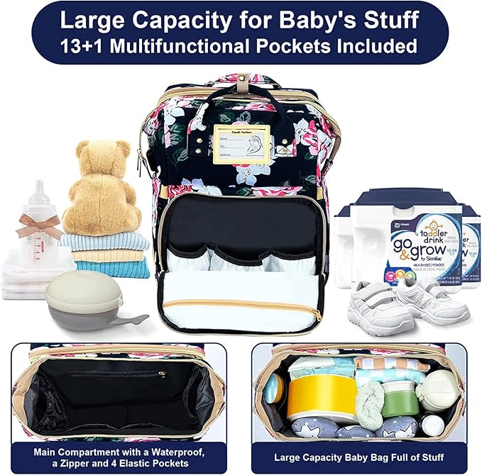 Diaper Bag Backpack Waterproof Baby Bag Large Capacity Multifunction Nappy Bags Floral Insulated Durable Travel Maternity Back Pack with Changing Station for Baby （Black）