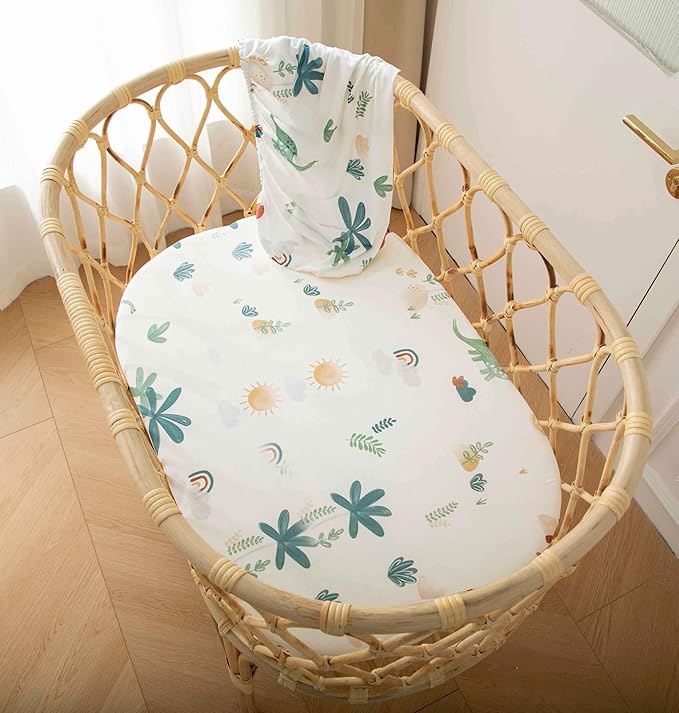 SDY Dinosaur Baby Bassinet Sheets Set 2 Pack for Boys Girls，Elastic Travel Crib Fashionable Floral Pattern, Standard Cradle Safe Sheets Set 32 * 16 * 4 inches (Dino)