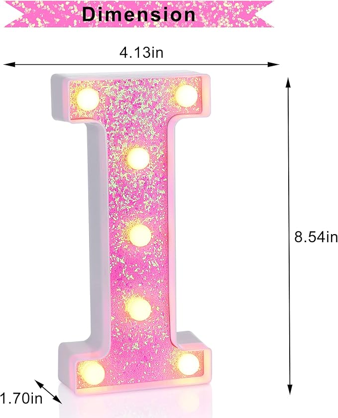 Foaky Pink Light up Letters，Pink Party Decorations,Girls Room Decor,Glitter Light Up Letters,Alphabet Letter Sign for Night Light Birthday Party Girls Gifts, Home Bar Decoration（I）