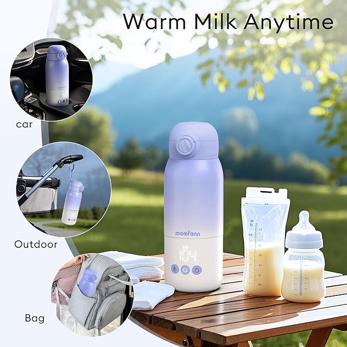 Portable Bottle Warmer for Travel, Dual Heating Modes Baby Milk Warmer On The Go for Breastmilk, Water and Formula, Precise Temperature Control with 5 Levels, Long-Lasting Battery (Purple)