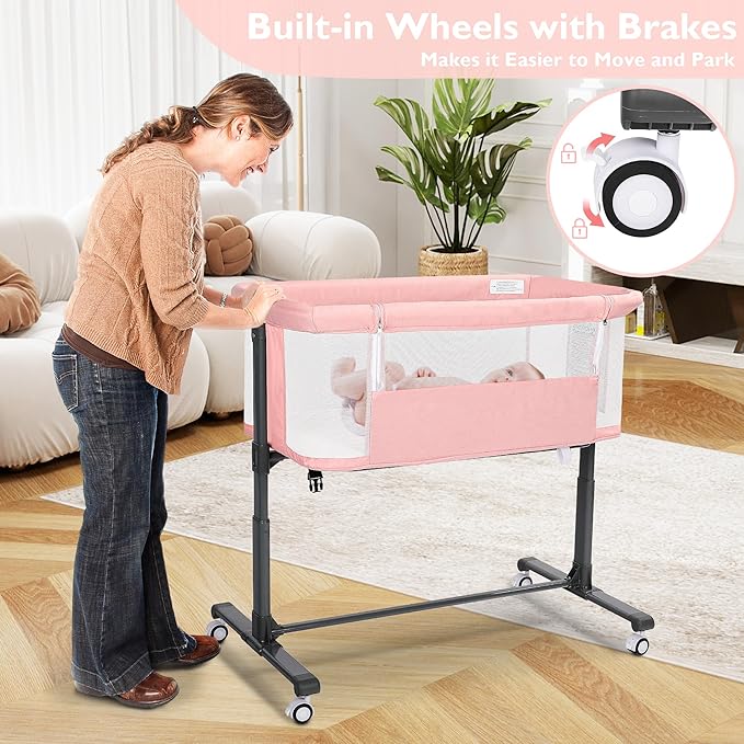 Baby Bassinet Bedside Sleeper, 2 in 1 Folding Portable Newborn Bedside Sleeper, All-Sided Mesh Infant Travel Crib for Toddlers, 6 Adjustable Height, with 4 Wheels, Grey