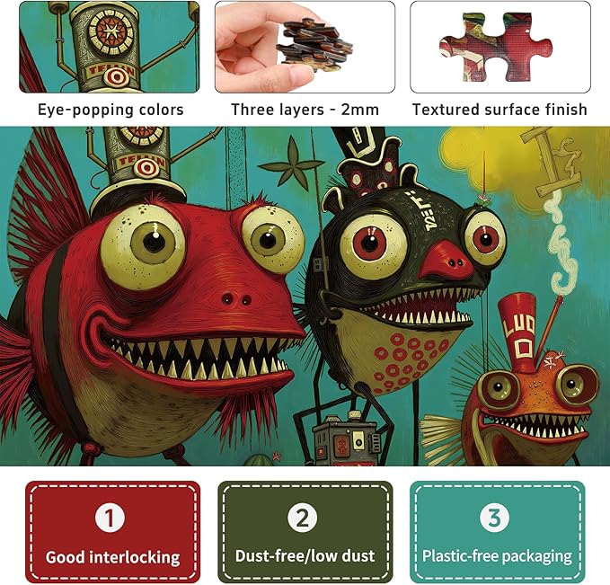 1000 Piece Puzzle for Adults, Quirky Piranha-Inspired Artwork with Unique-Shaped Pieces, Matte Texture, Color-Coded Backing, Challenging Gift for Puzzle Lovers 26.6 x 19.2 in
