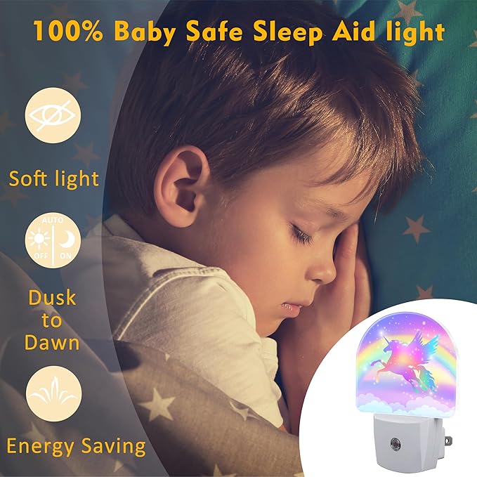 Flying Unicorn and Rainbows Night Light Plug into Wall, Shining Stars and Unicorn Dusk to Dawn Night Light,0.5w Energy Saving Sleep Friendly Nightlights for Kids Boys Girls Home Decor
