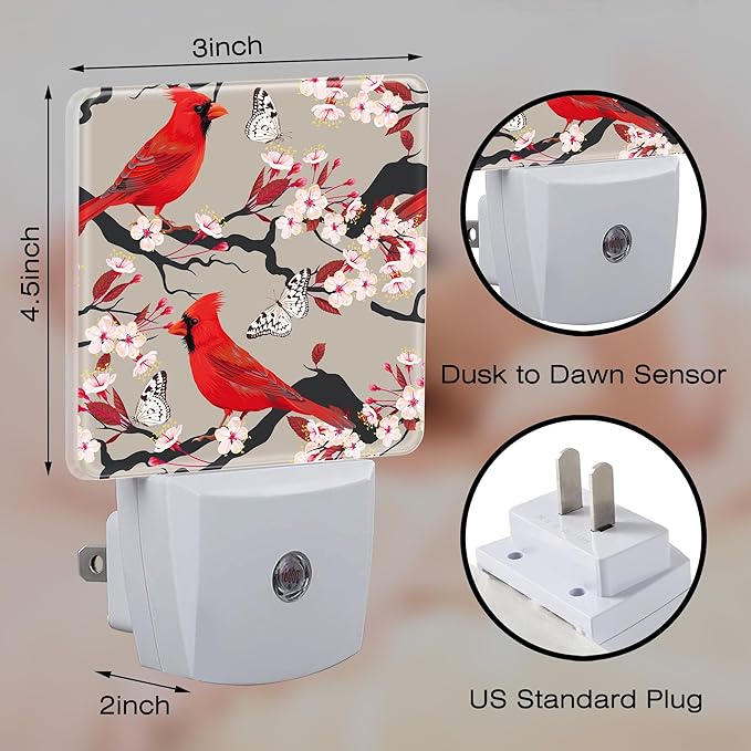 Red Cardinal with Cherry Blossoms Night Light for Kids,Pink Spring Floral Bird Night Light Plug in with Dusk to Dawn Sensor,0.5w Energy Saving Nightlight for Hallway Stairway Kitchen Bedroom