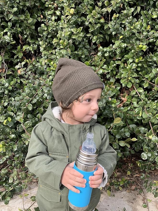 Pura Kiki 9oz/260 ml Stainless Steel Insulated Bottle w/Silicone Straw & Sleeve, 100% Plastic-Free, MadeSafe Certified, 100% Medical-Grade Silicone Straw for Kids, Toddlers, Babies & Infant - New Moss