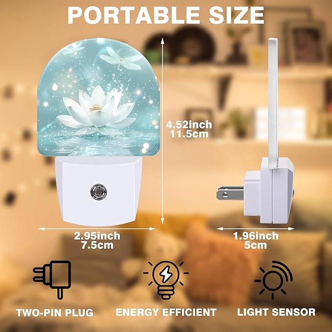 Night Lights Plug into Wall White Lotus and Dragonfly Night Light Dusk to Dawn Smart Sensor Decorative Round Led Lamp for Bedroom Kitchen Hallway Nightlight for Women Men