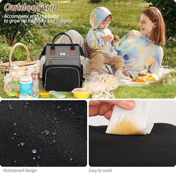 Diaper Bag Backpack:Baby Bag Large Tote Diaper bag for Boys and Girls, Men's Diaper Backpack, Women's Shoulder Mommy Bag, 2 Kids Nappy bag for mom and dad Black Grey