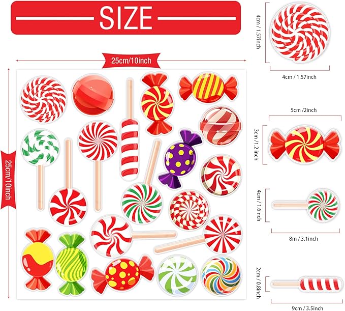 20 PCS Christmas Thick Gel Clings Winter Christmas Peppermint Window Gel Clings Decals Stickers for Kids Toddlers and Adults Home Airplane Classroom Nursery Christmas Holiday Party Supplies