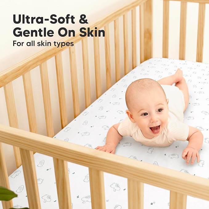 2-Pack Waterproof Baby Crib Sheets for Boys, Girls - 52x28 Viscose Derived from Bamboo Toddler Bed Sheet Neutral, Fitted Crib Mattress Protector Cover for Baby Bedding, Soft & Gentle (Bunnies)