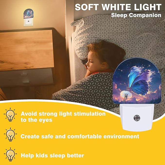 Night Light, Blue Butterfly on Dandelion Flower Night Lights Plug into Wall Dusk to Dawn Sensor Round Nightlight for Women Men Energy Efficient Led Lamp 0.5W for Stairway Hallway Bedroom