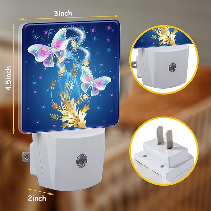 Glowing Butterflies and Golden Leaves Night Light Plug Wall,LED Night Lights with Dusk to Dawn Light Sensor for Women Girls Boys Room Decor,Hallway,Kitchen,Bathroom,Nursery,Stairs